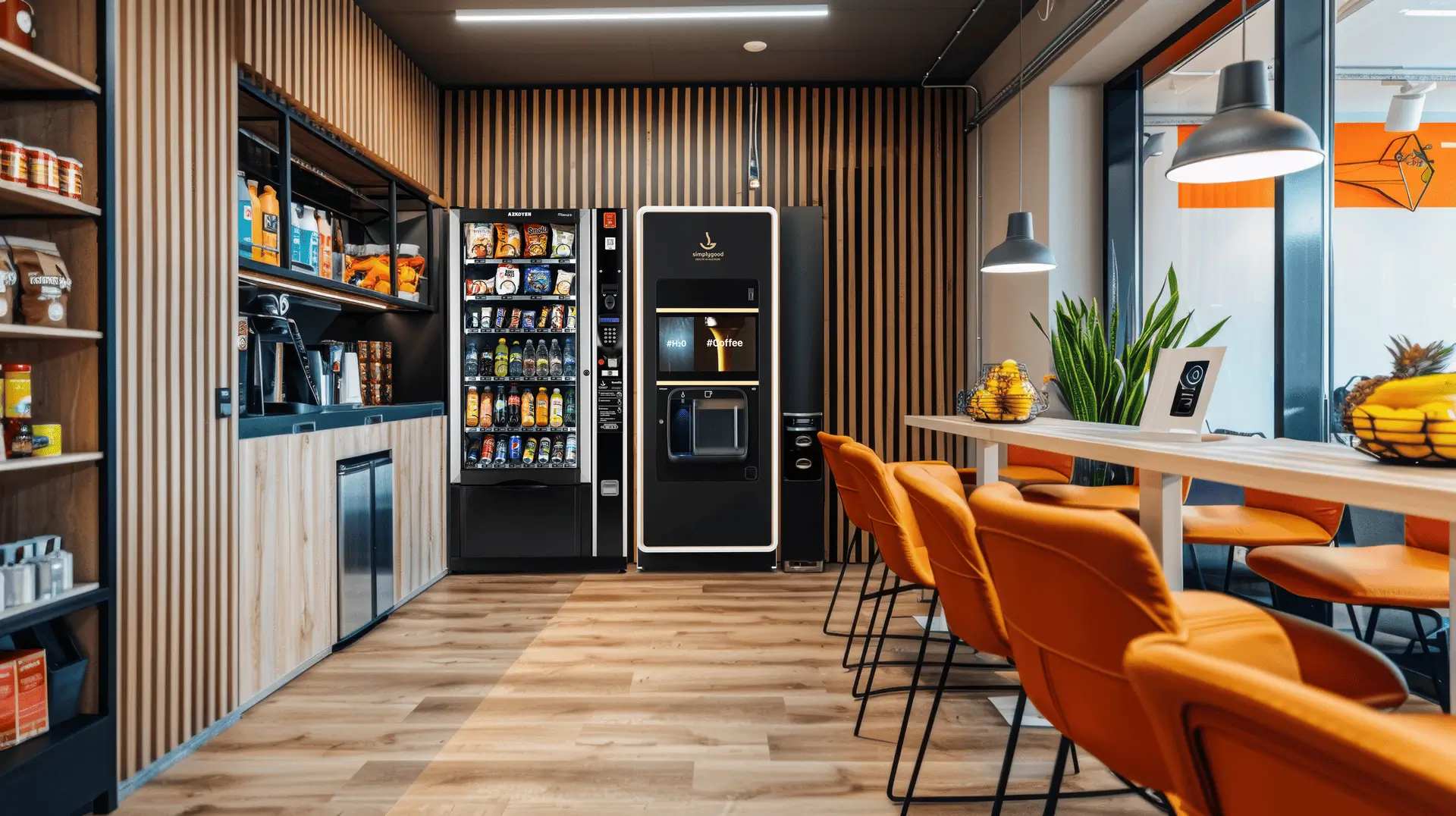 Moderni vending avtomati za kavo in prigrizke v urejenem poslovnem prostoru