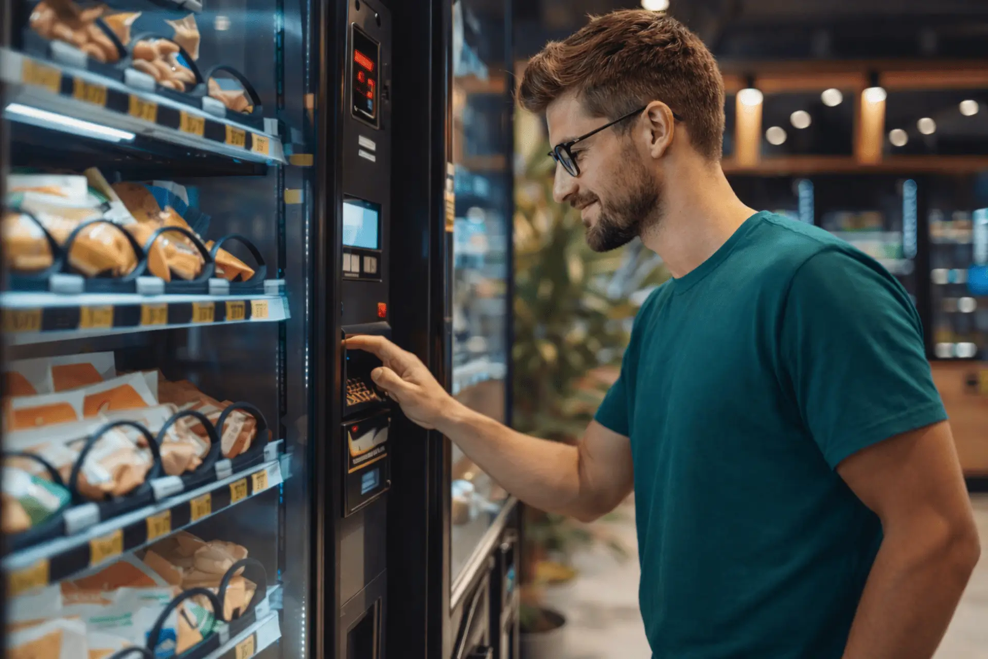 Uporabnik izbira izdelek na avtomatu za prigrizke v poslovni stavbi