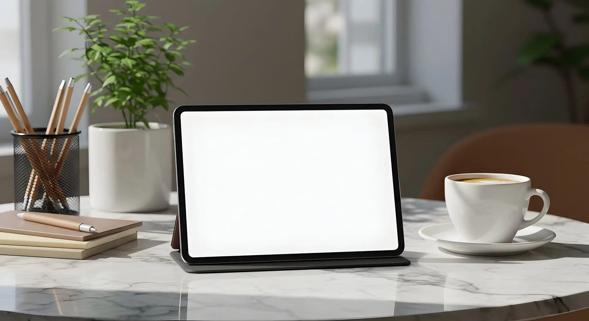 Prazna tablica in skodelica kave na pisarniški mizi