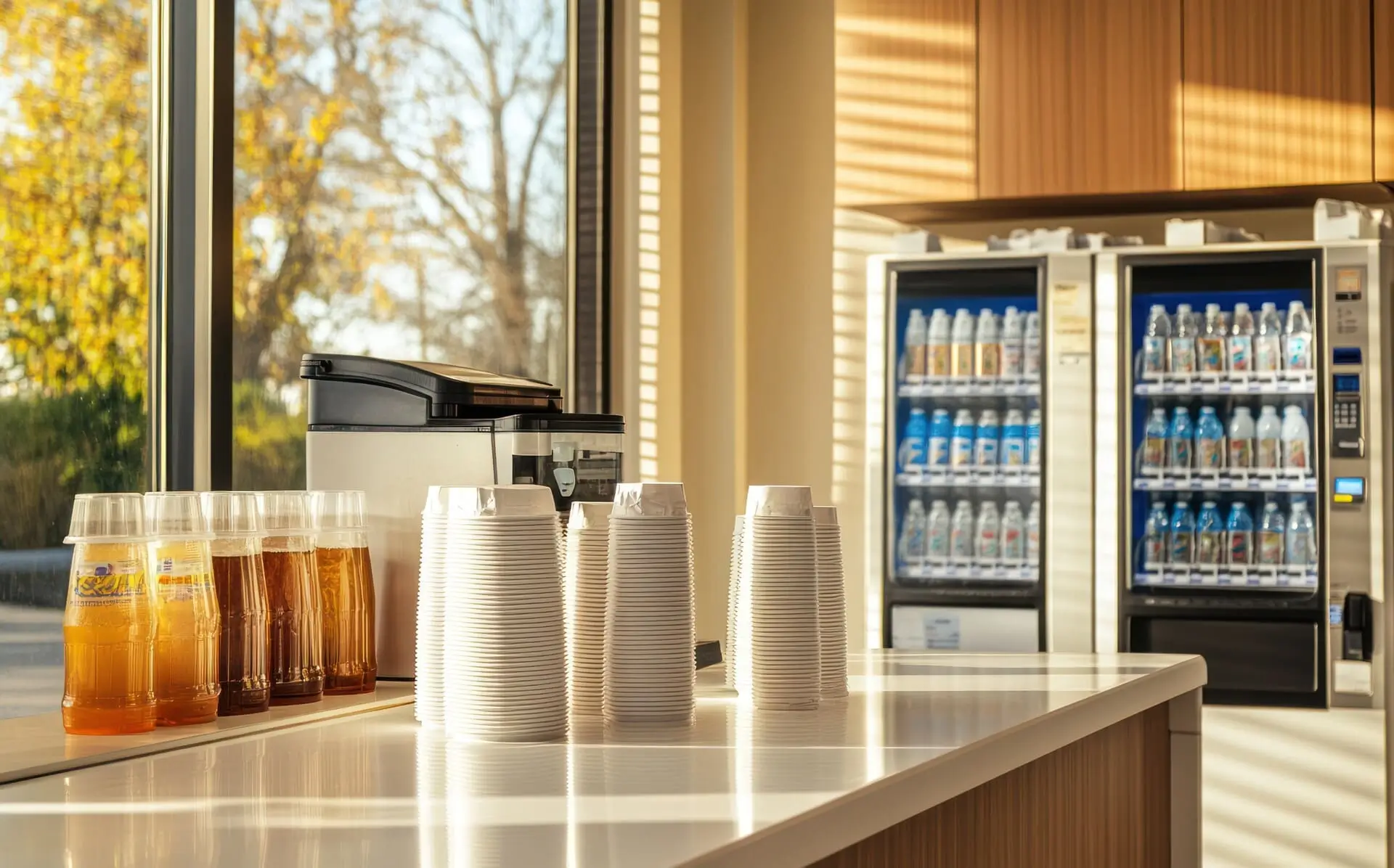 Pisarniški prostor z avtomati za hladne napitke in kavo