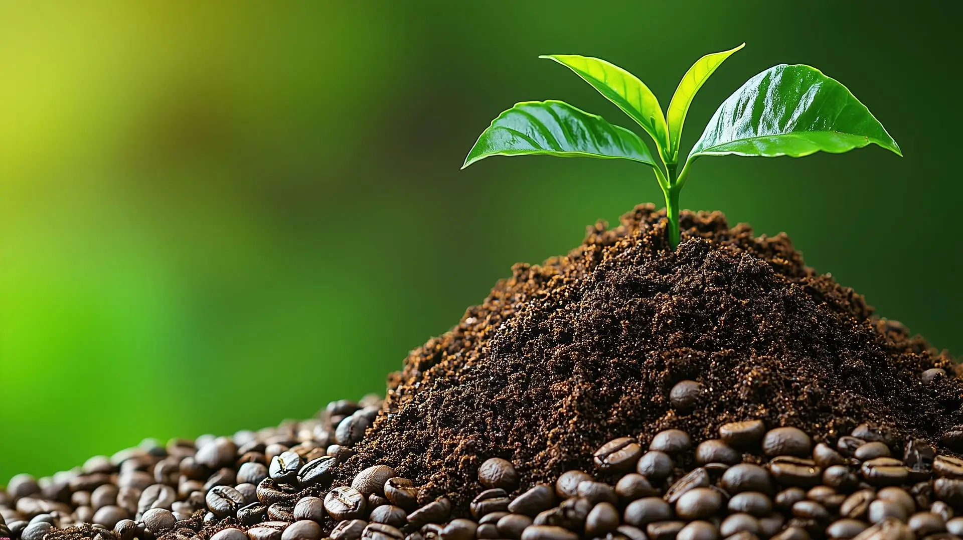 Sveža sadika kave v zemlji z zrni kave – trajnostna pridelava
